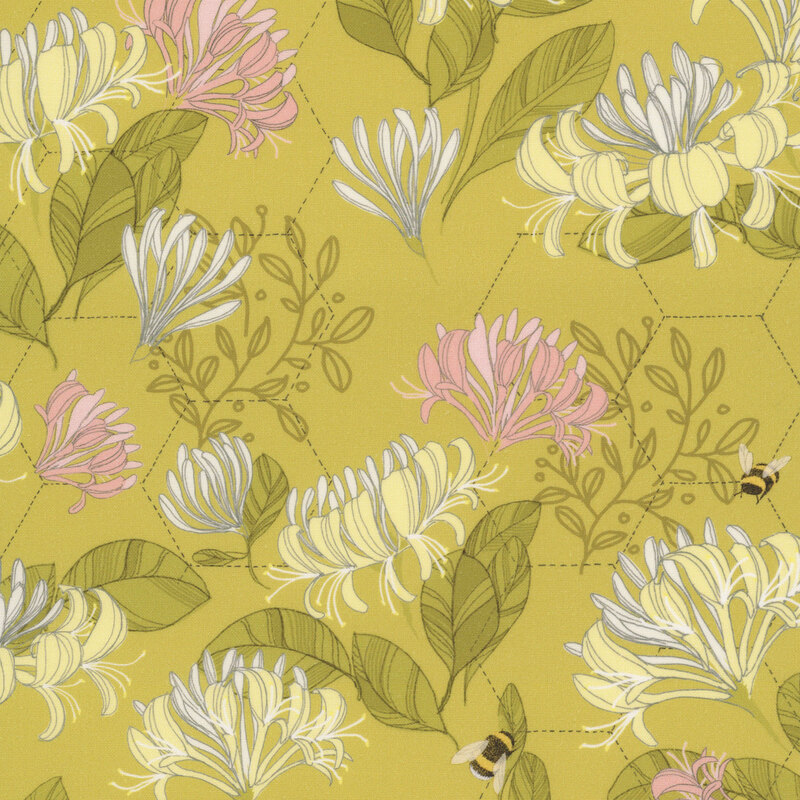 This brassy yellow fabric features a honeycomb hexagon design layered beneath yellow and pink florals, with buzzing bees scattered throughout. 