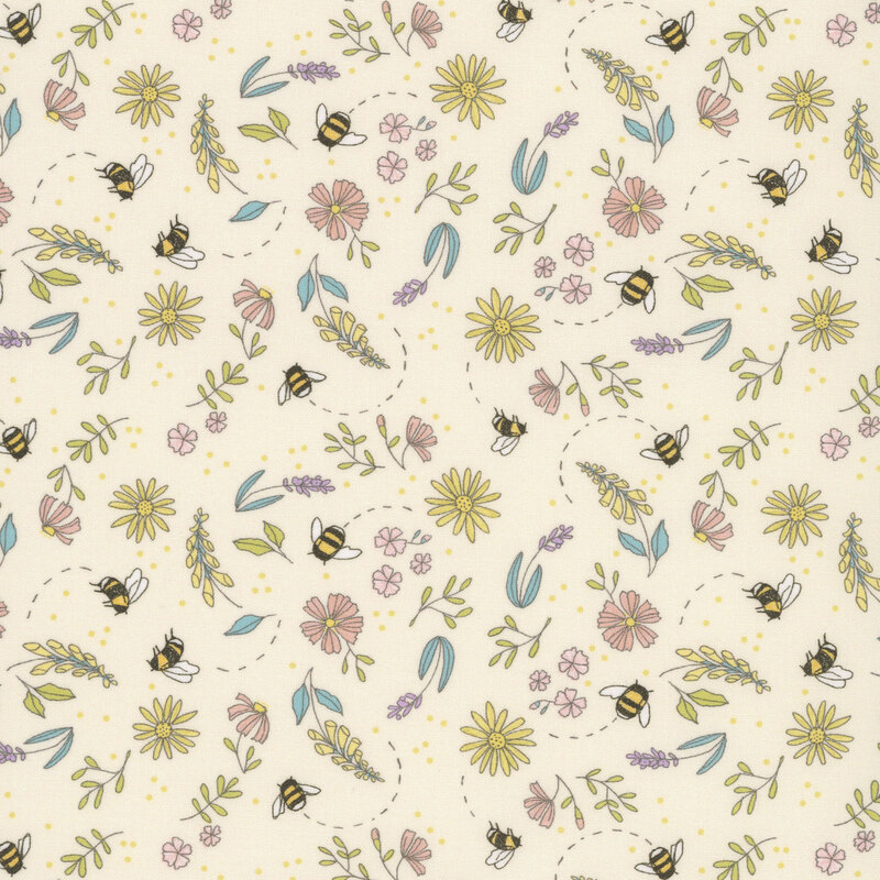 This cream fabric features tossed cosmos, foxglove, and lavender, surrounded by buzzing bees. 