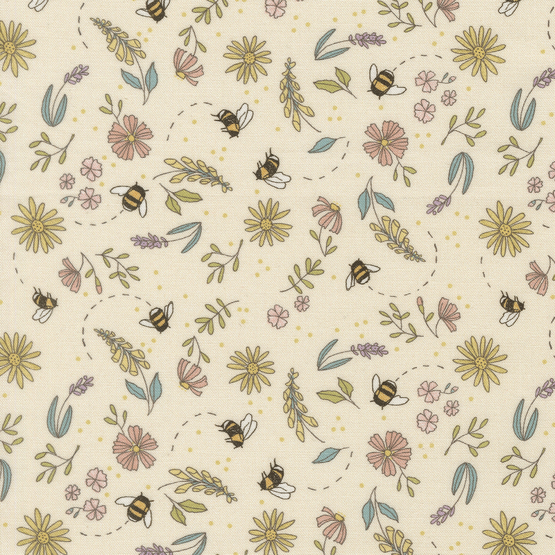 This cream fabric features tossed cosmos, foxglove, and lavender, surrounded by buzzing bees. 