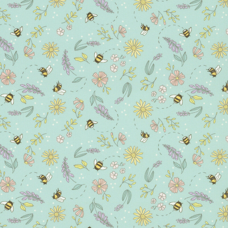 This robin's egg fabric features tossed cosmos, foxglove, and lavender, surrounded by buzzing bees. 