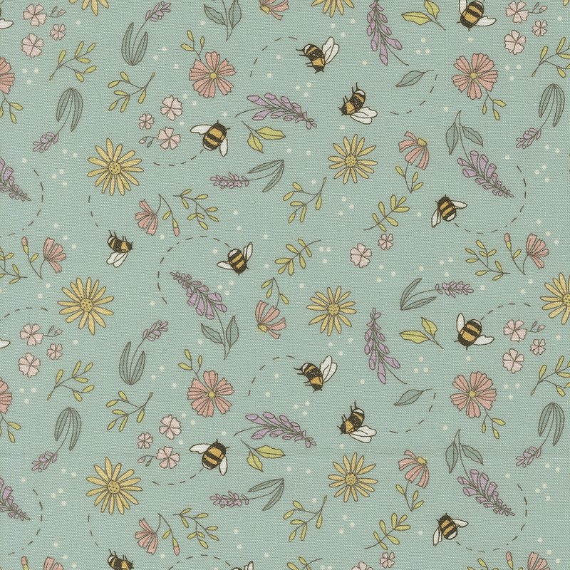 This robin's egg fabric features tossed cosmos, foxglove, and lavender, surrounded by buzzing bees. 