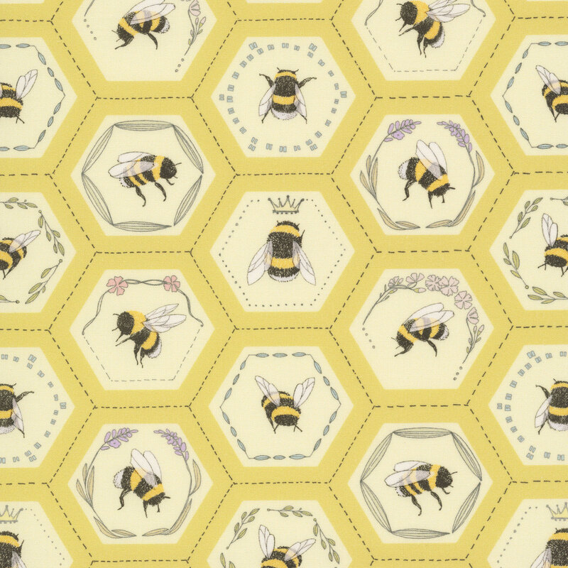 This butter yellow fabric features a honeycomb pattern filled with bee portraits, each adorned with floral accents, delicate crowns, and leafy wreaths. 