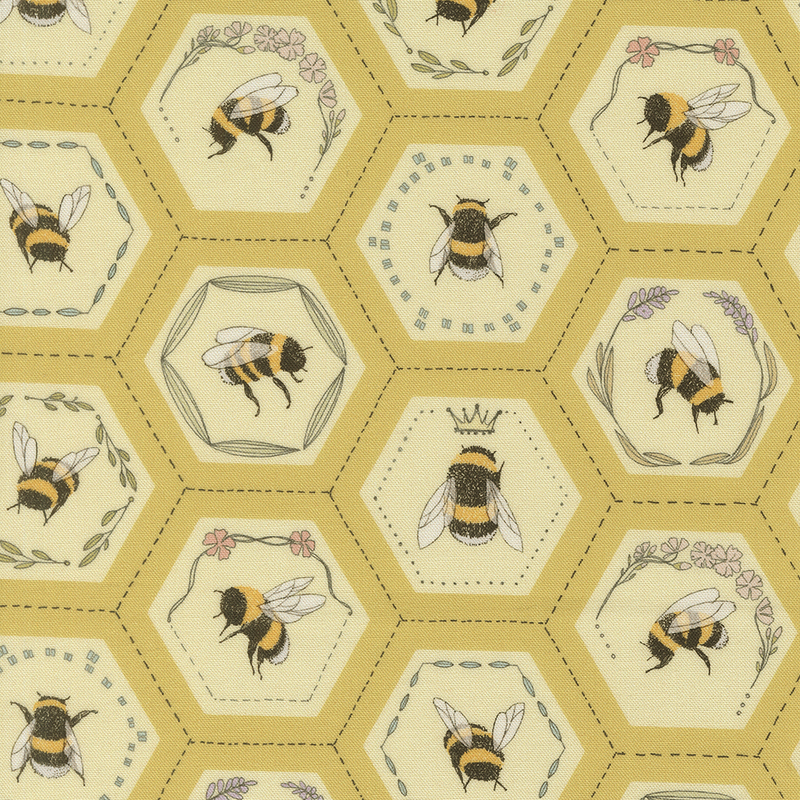 This butter yellow fabric features a honeycomb pattern filled with bee portraits, each adorned with floral accents, delicate crowns, and leafy wreaths. 