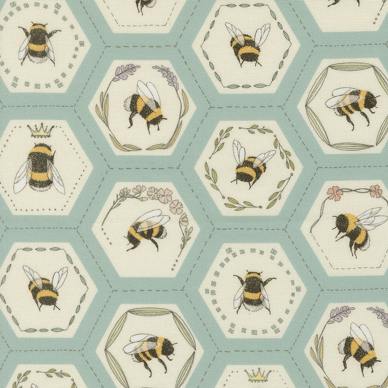 This robin's egg fabric features a honeycomb pattern filled with bee portraits, each adorned with floral accents, delicate crowns, and leafy wreaths