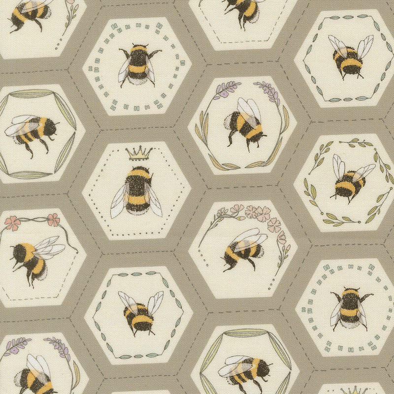 This mouse grey fabric features a honeycomb pattern filled with bee portraits, each adorned with floral accents, delicate crowns, and leafy wreaths.