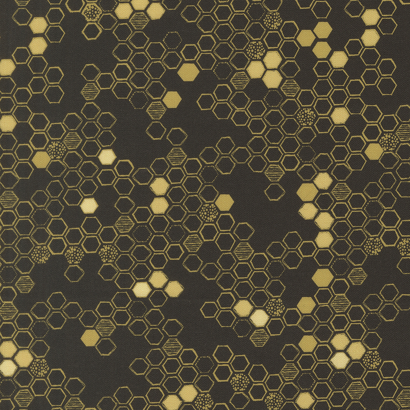 This black fabric features a hand drawn design of yellow hexagons. 