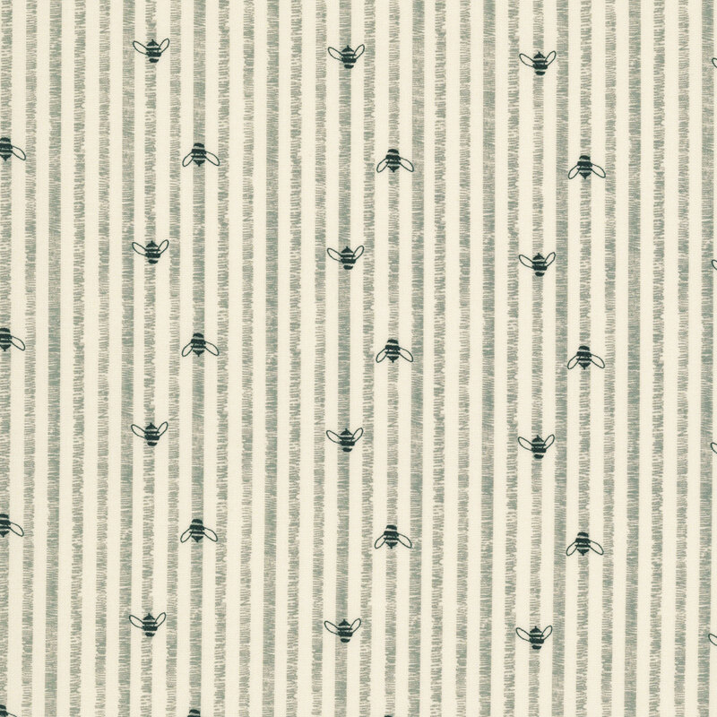 This cream fabric features rustic grey stripes accented with charming hand drawn bees.