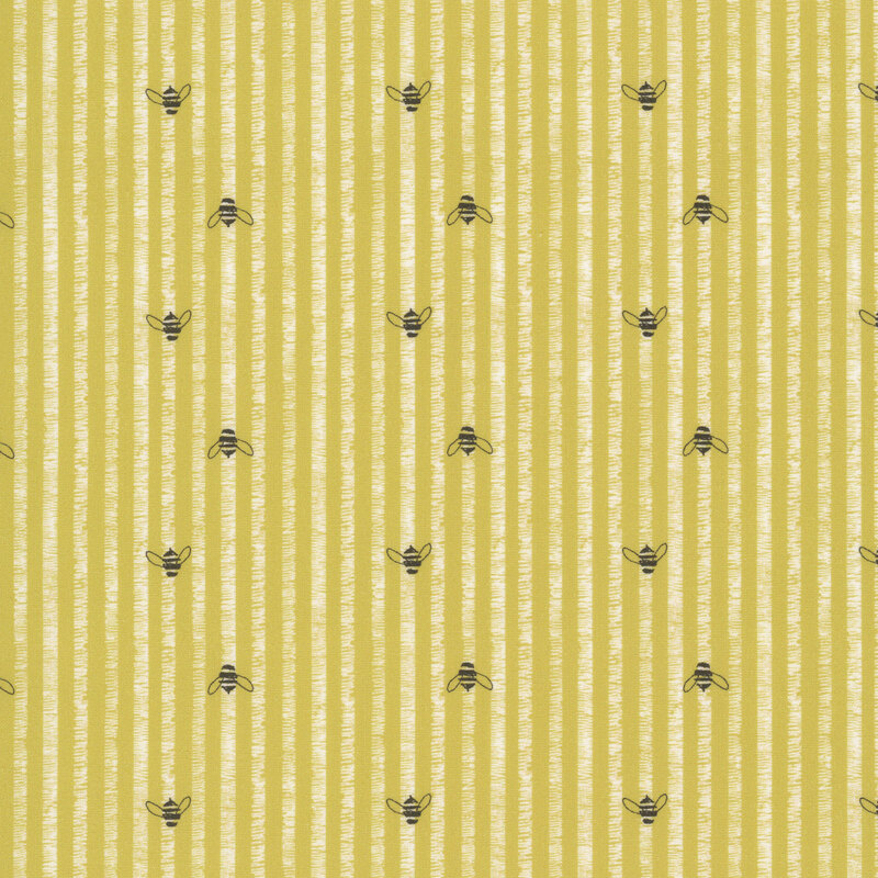 This butter yellow fabric features rustic white stripes accented with charming hand drawn bees.