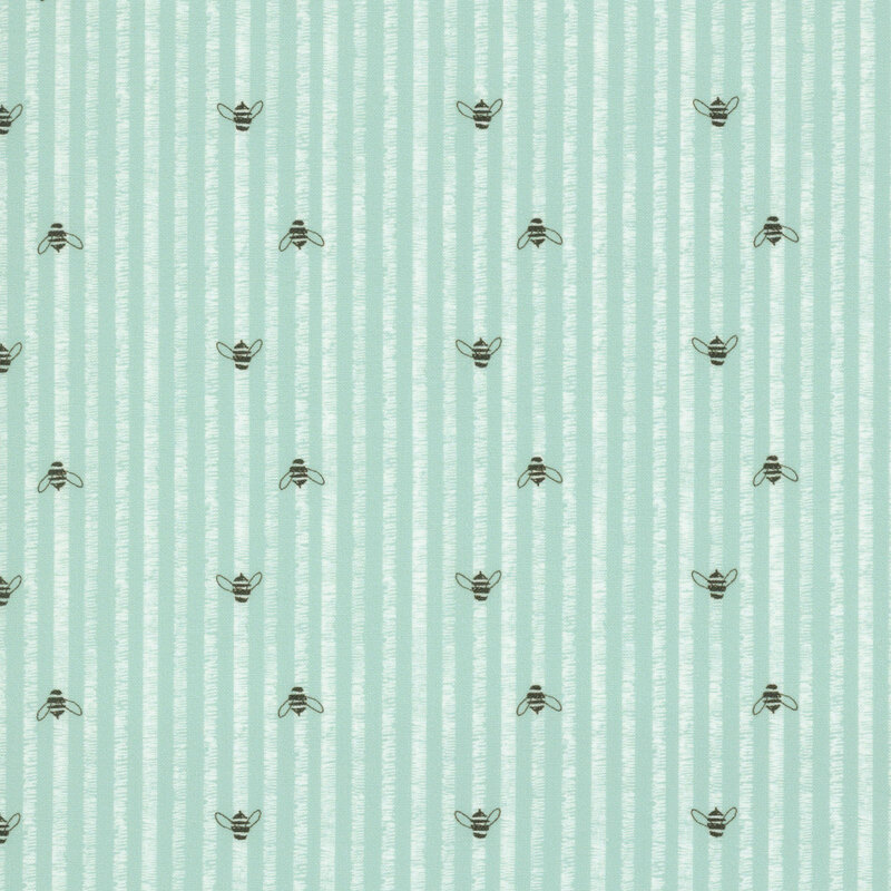 This robin's egg fabric features rustic white stripes accented with charming hand drawn bees.