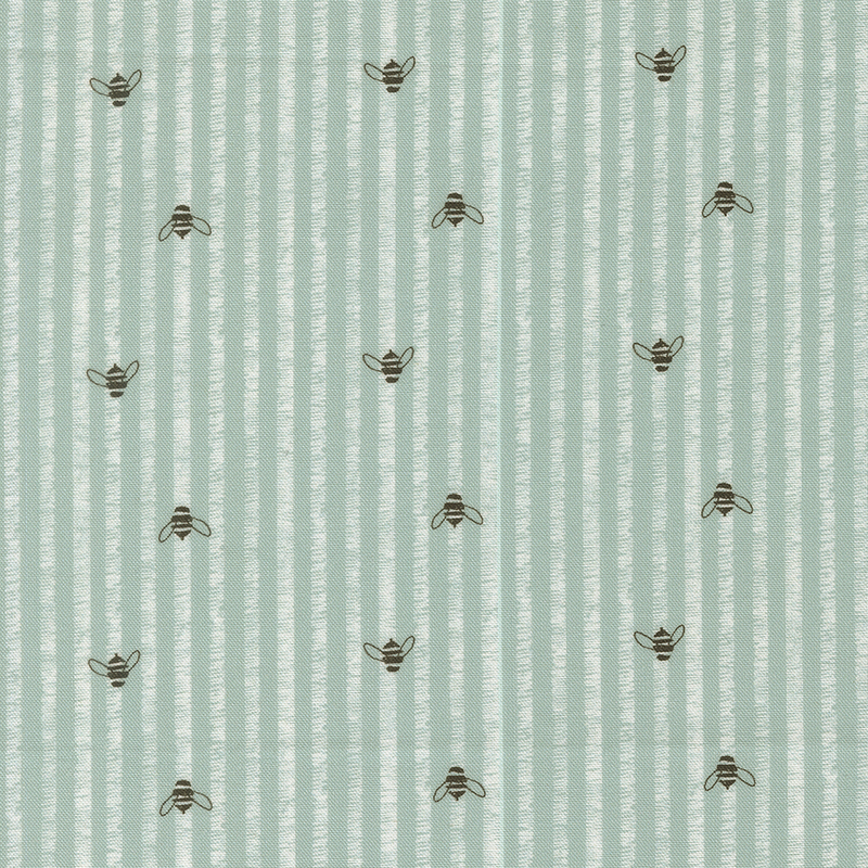 This robin's egg fabric features rustic white stripes accented with charming hand drawn bees.