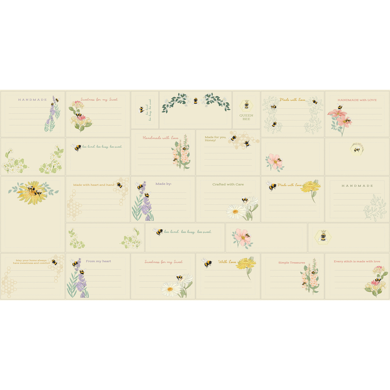 This cream panel features 29 unique quilt tags adorned with honey bees, florals, and nature inspired details.