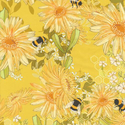 This sunshine yellow fabric features cheerful yellow daisies, buzzing honey bees, and honeycomb hexagons.