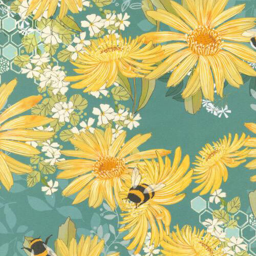 This viridian fabric features cheerful yellow daisies, buzzing honey bees, and honeycomb hexagons.