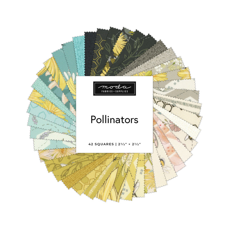 A spiral spiral college of bee themed fabric from the Pollinators collection by Moda Fabrics. 