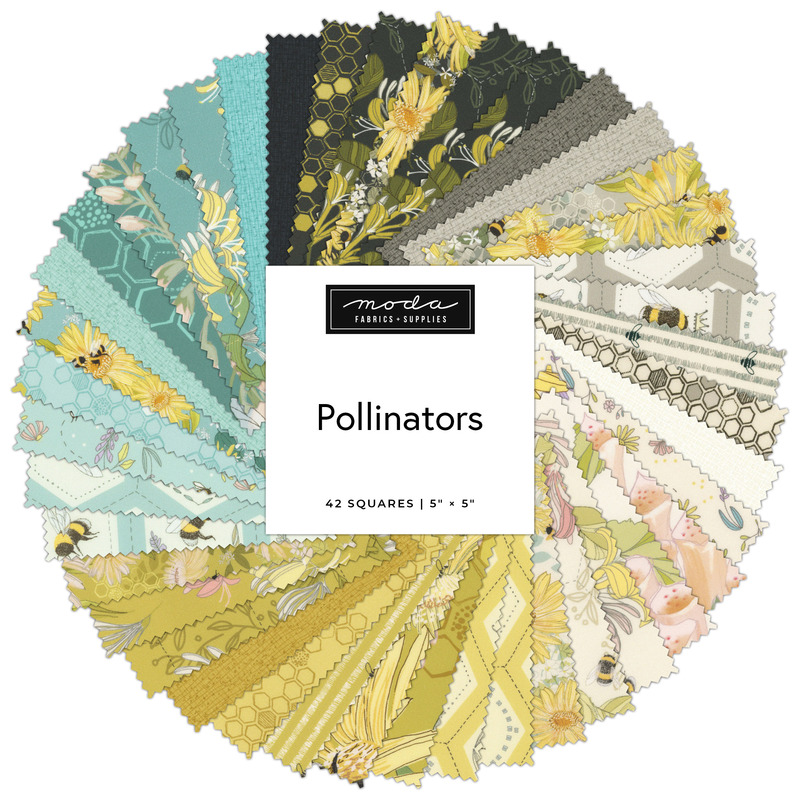 A spiral college of bee themed fabric from the Pollinators collection by Moda Fabrics. 