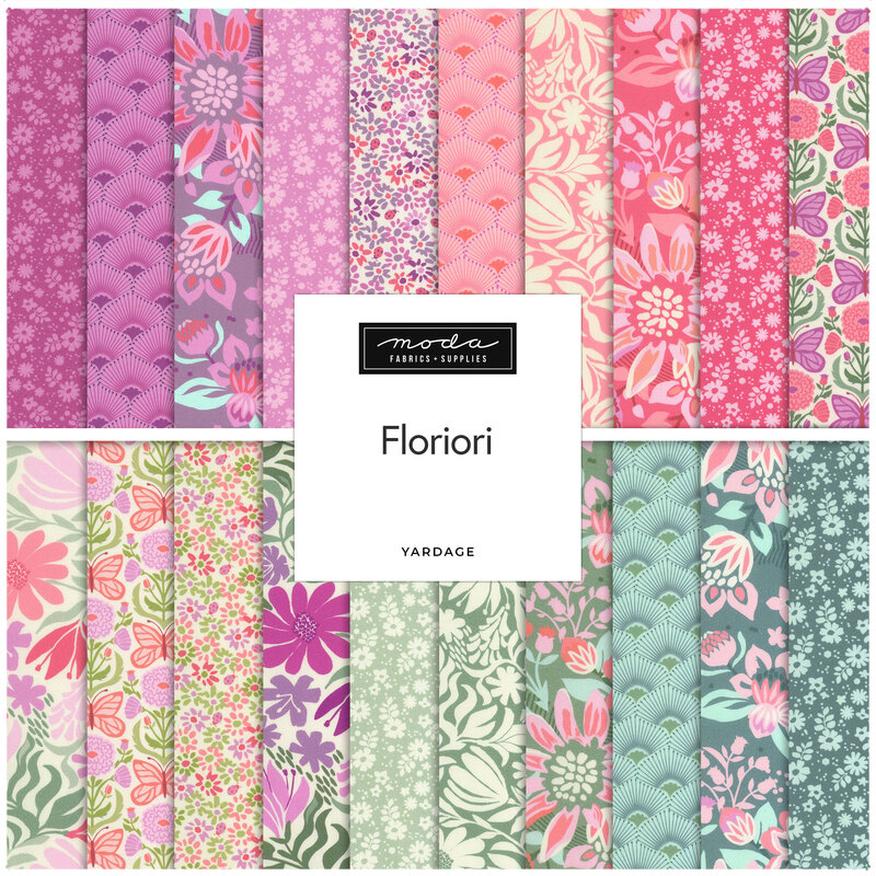 A fabric collage of colorful floral fabric from the Floriori collection by Moda Fabrics. 