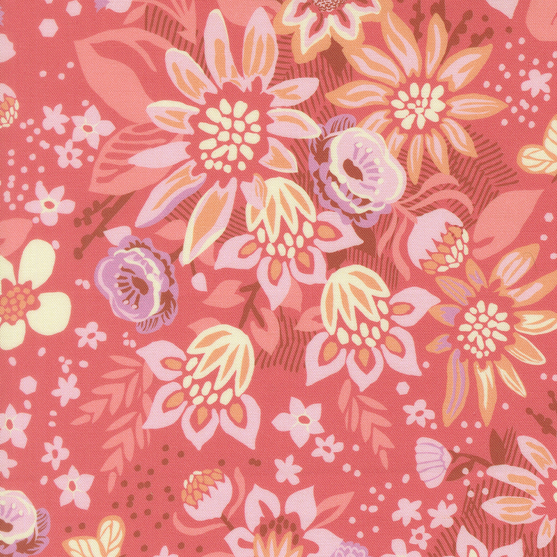 This coral pink fabric features abstract pink and orange florals. 