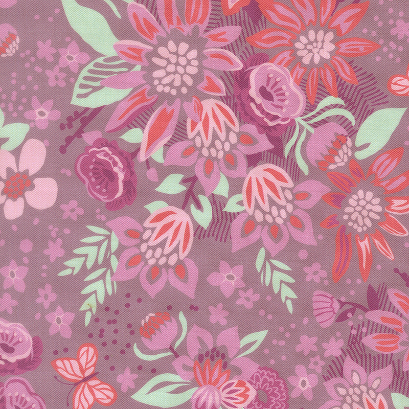 This dusty mauve fabric features abstract coral pink and mauve florals with bright mint leaves. 
