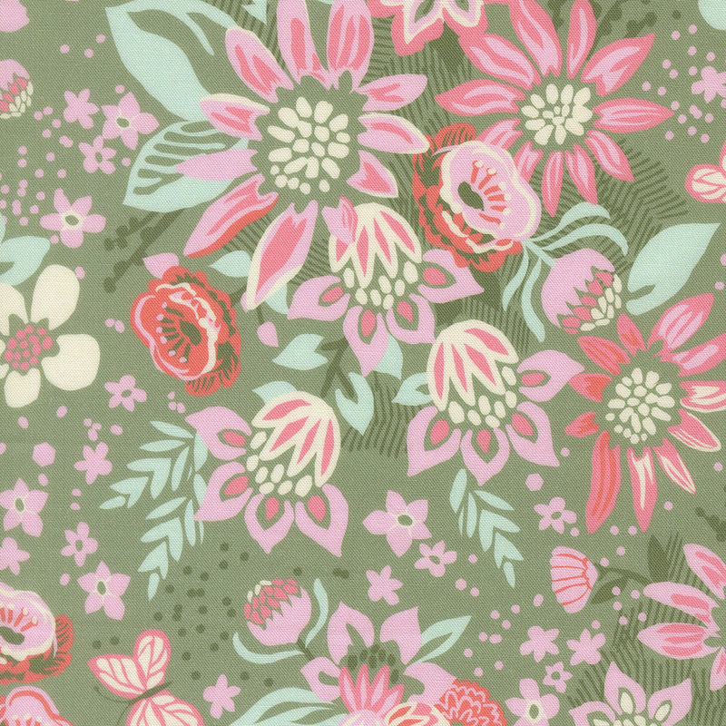This dusty forest green fabric features abstract pink and coral pink florals with bright mint leaves.