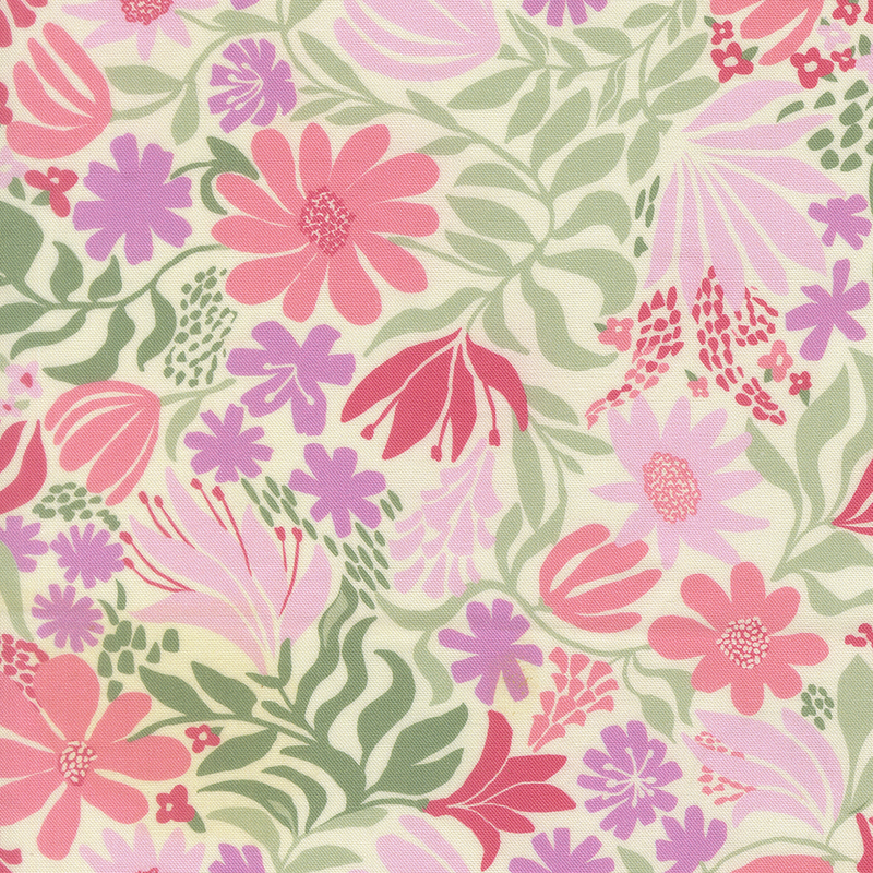 This cream fabric features scattered modern pink florals and green leaves that twist and wind gracefully across the design. 
