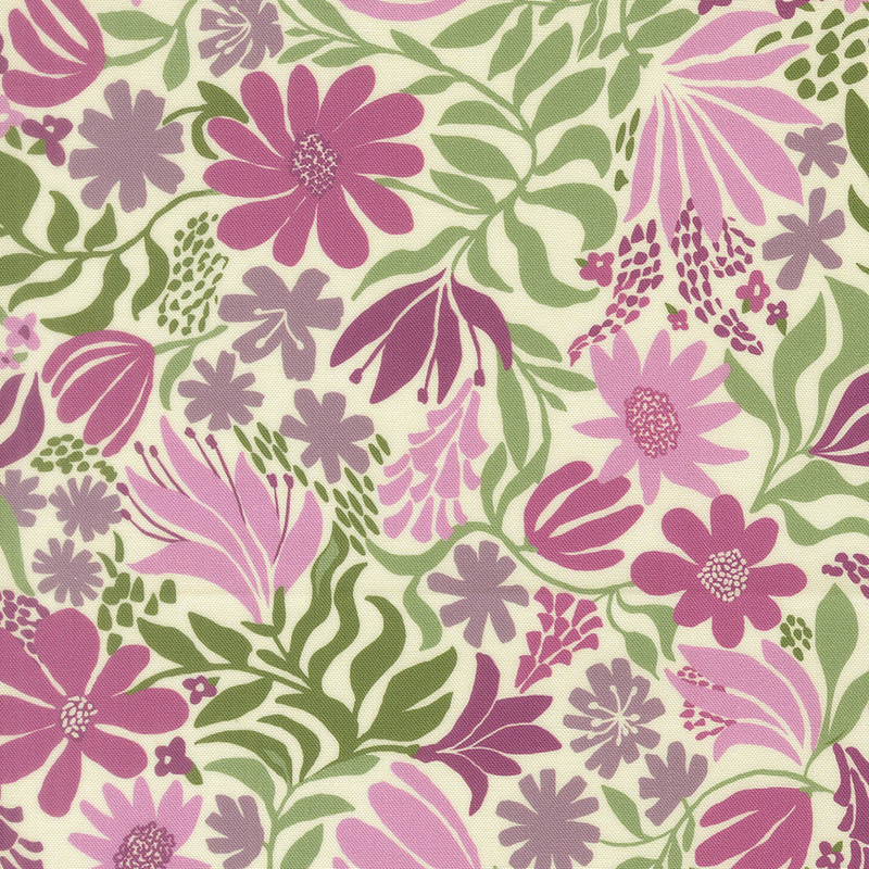 This cream fabric features scattered modern purple florals and green leaves that twist and wind gracefully across the design.