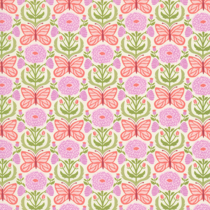 This cream damask fabric features elegant pink floral blooms and coral pink butterflies. 
