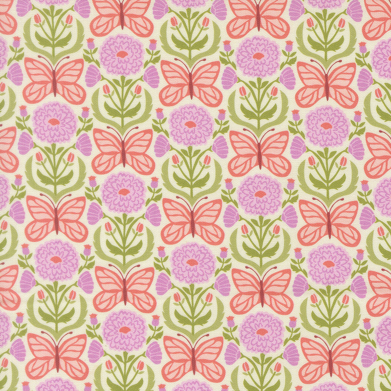 This cream damask fabric features elegant pink floral blooms and coral pink butterflies. 
