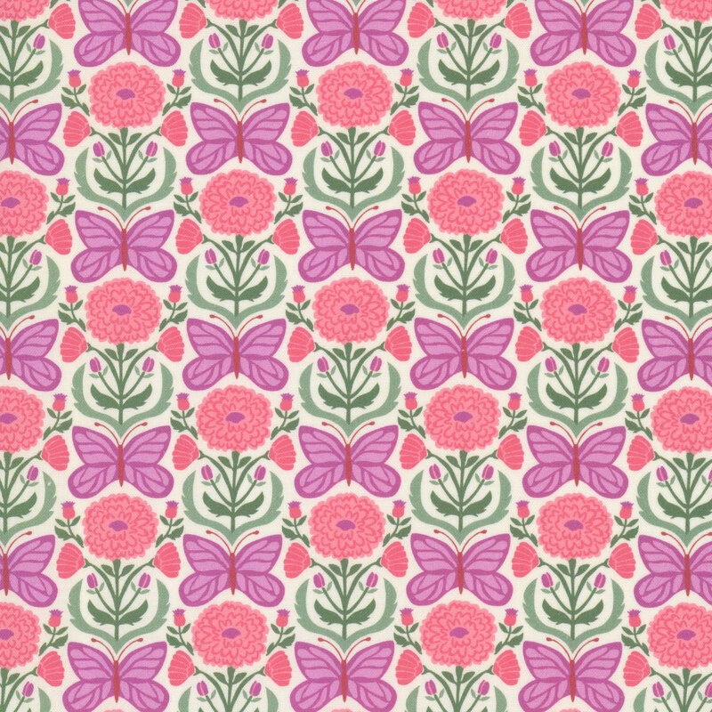This cream damask fabric features elegant coral pink floral blooms and mauve butterflies. 