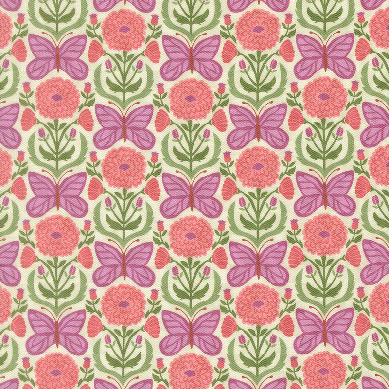 This cream damask fabric features elegant coral pink floral blooms and mauve butterflies. 