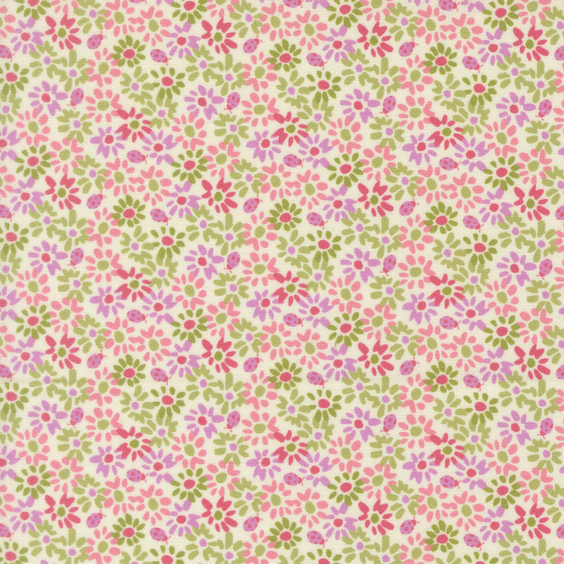 This cream fabric features densely packed flowers and ladybugs in shades of pink, coral, and mauve for a lush and vibrant floral design.
