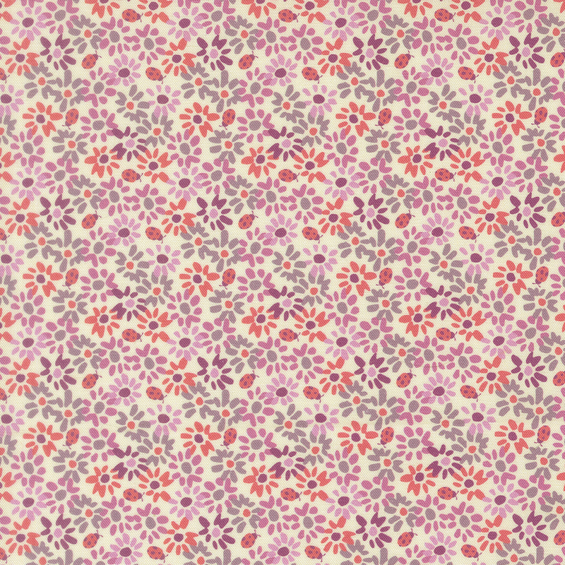 This cream fabric features densely packed flowers and lady bugs in shades of coral, mauve, and purple for a lush and vibrant floral design.