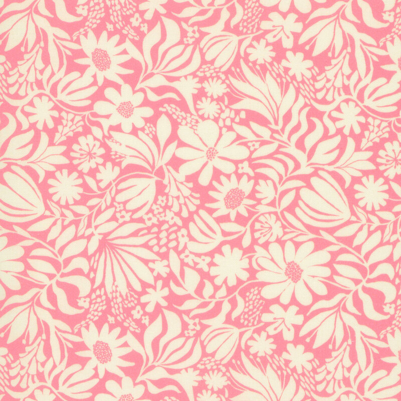 This salmon pink fabric features scattered modern cream florals and leaves that twist and wind gracefully across the design.