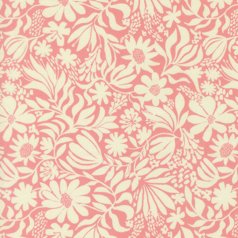 This salmon pink fabric features scattered modern cream florals and leaves that twist and wind gracefully across the design.