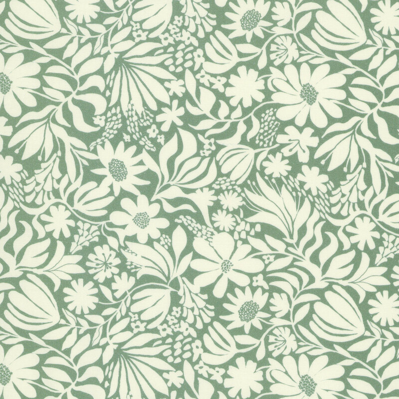 This dusty forest green fabric features scattered modern cream florals and leaves that twist and wind gracefully across the design.