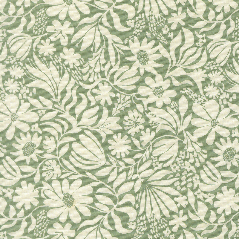 This dusty forest green fabric features scattered modern cream florals and leaves that twist and wind gracefully across the design.