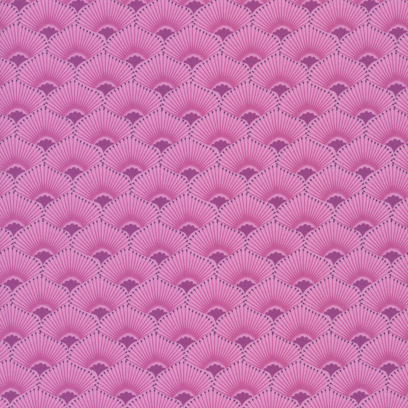 This light magenta fabric features a scalloped design highlighted by radiant dark magenta centers and tonal rays. 