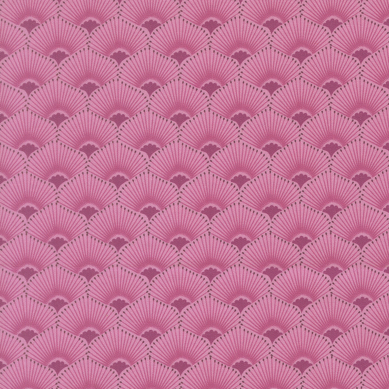 This light magenta fabric features a scalloped design highlighted by radiant dark magenta centers and tonal rays. 