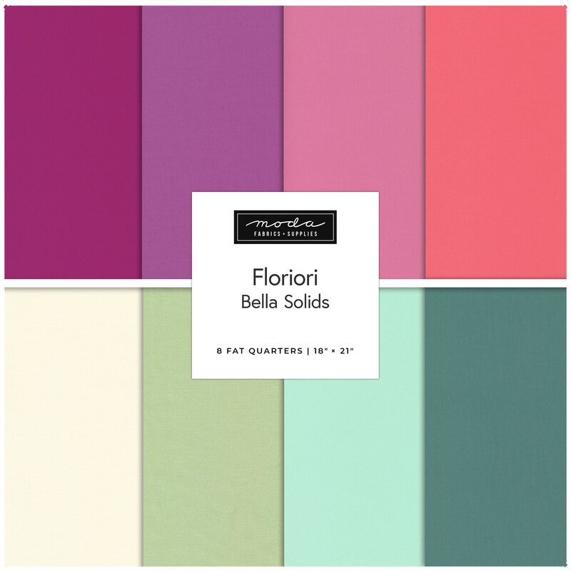 The Floriori Bella Solids Fat Quarter Bundle, a collage of eight coordinating solid fabrics.