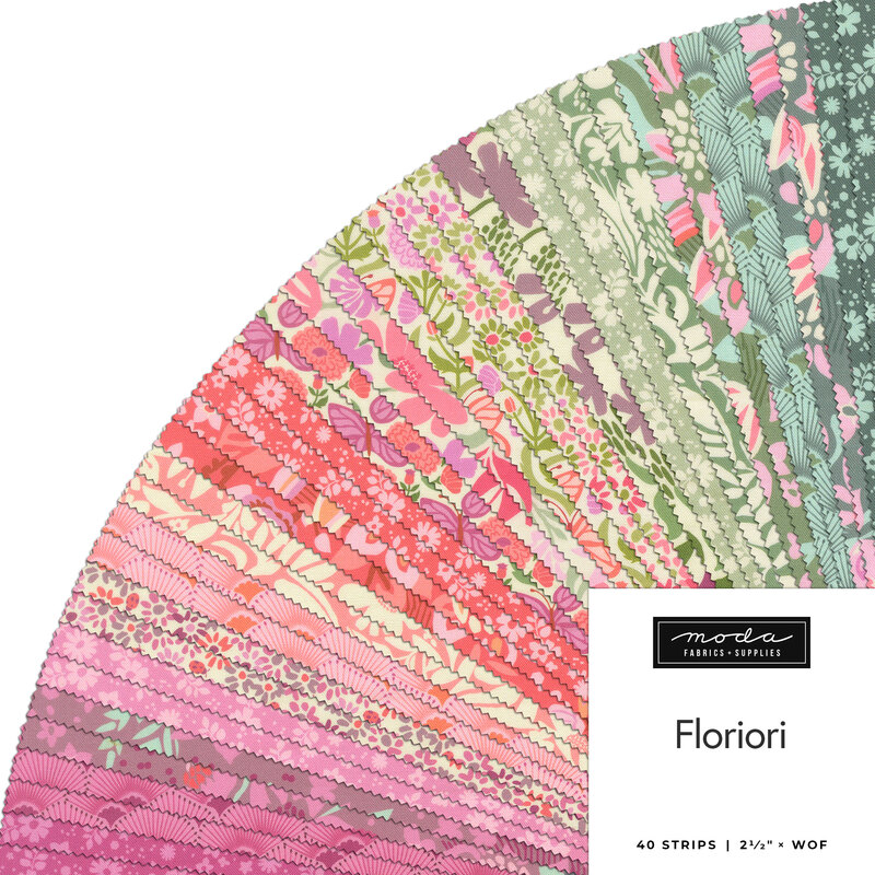 A fanned fabric collage of colorful floral fabric from the Floriori collection by Moda Fabrics. 