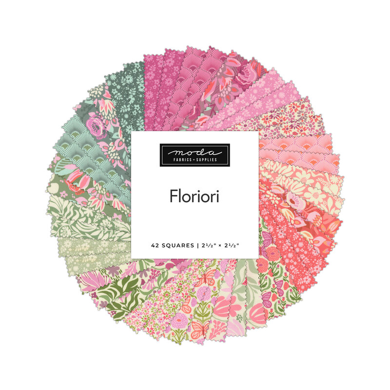 A spiral fabric collage of colorful floral fabric from the Floriori collection by Moda Fabrics. 