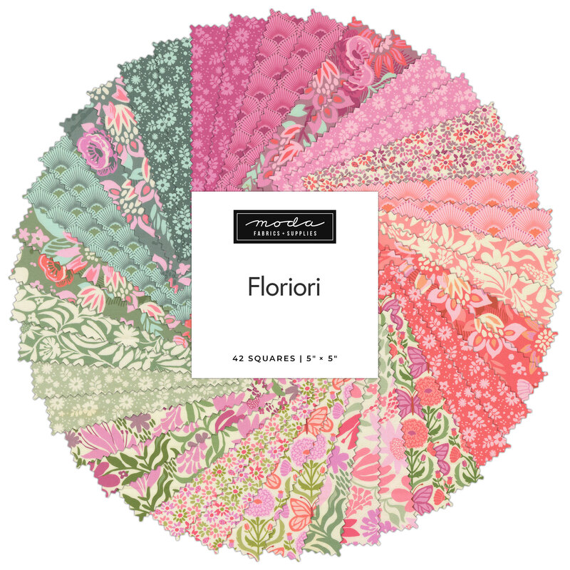A spiral fabric collage of colorful floral fabric from the Floriori collection by Moda Fabrics. 