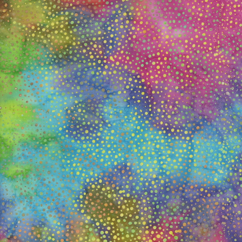 rainbow colored fabric with a pattern of colorful dots on a mottled background.