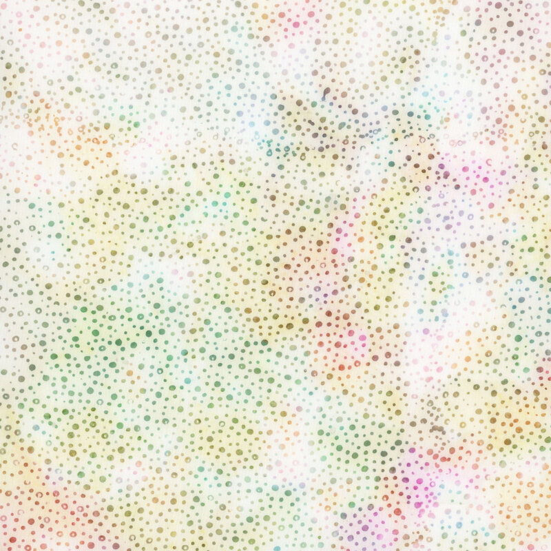 white fabric with a pattern of colorful dots on a mottled background.