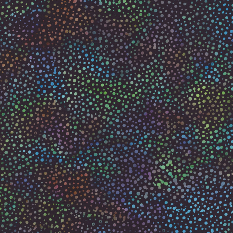 black fabric with a pattern of iridescent dots on a mottled background.