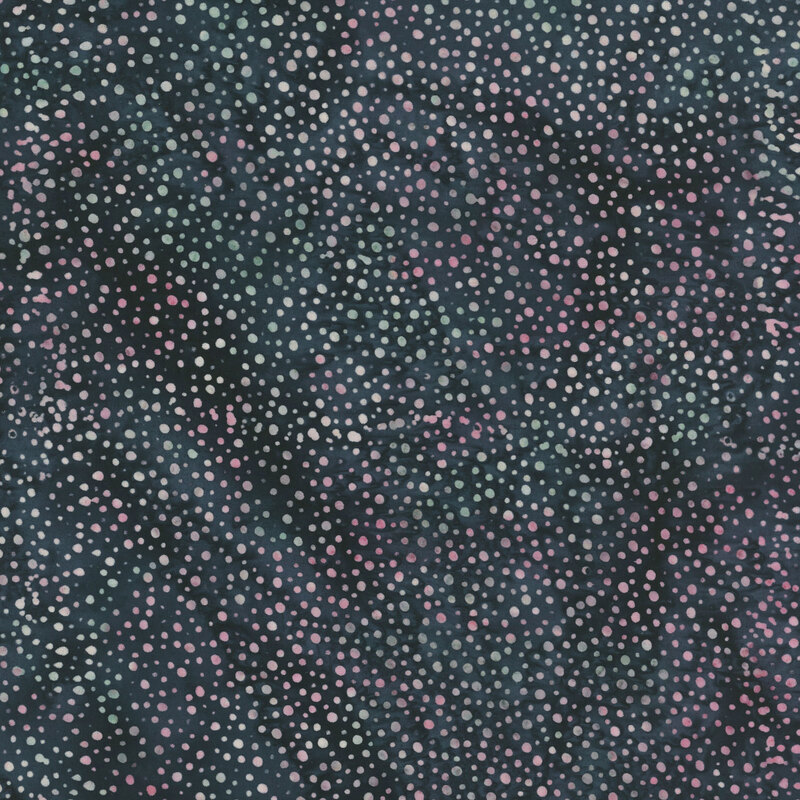 dark blue fabric with a pattern of violet and aqua dots on a mottled background.
