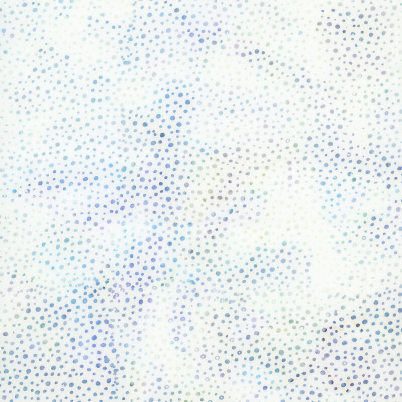 white fabric with a pattern of blue and purple dots on a mottled background.
