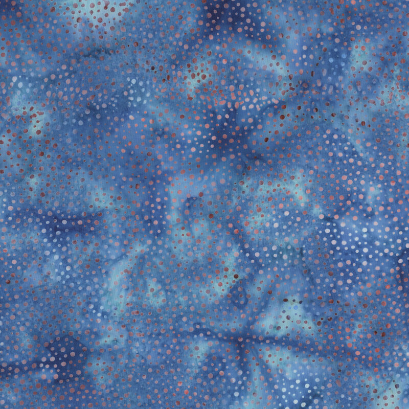 blue fabric with a pattern of red dots on a mottled background.
