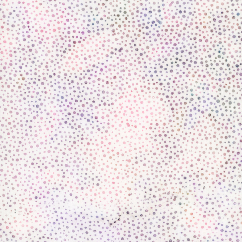 white fabric with a pattern of purple and pink dots on a mottled background.