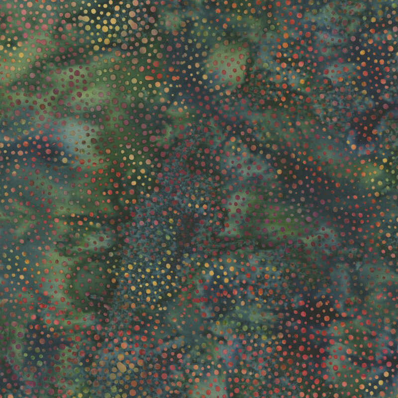 green fabric with a pattern of red and yellow dots on a mottled background.