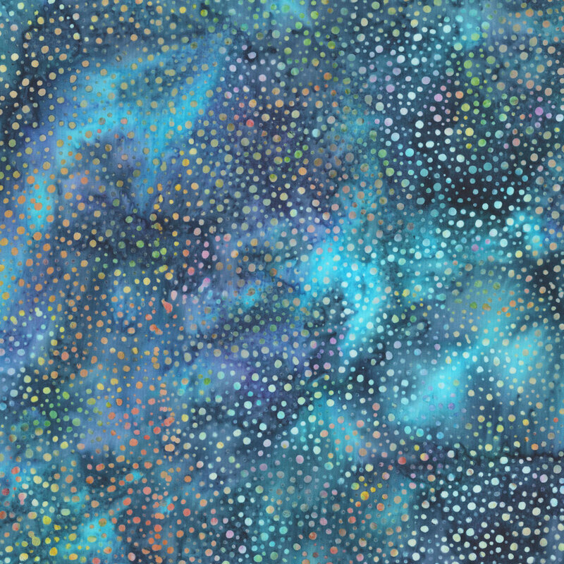 aqua fabric with a pattern of colorful dots on a mottled background.